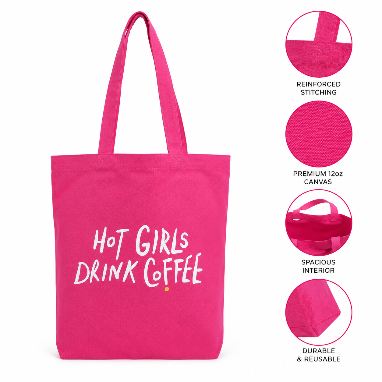 Illustration of a woman walking with a 787 Coffee cup and the Hot Girls Drink Coffee pink tote on her shoulder — 787 Coffee statement tote