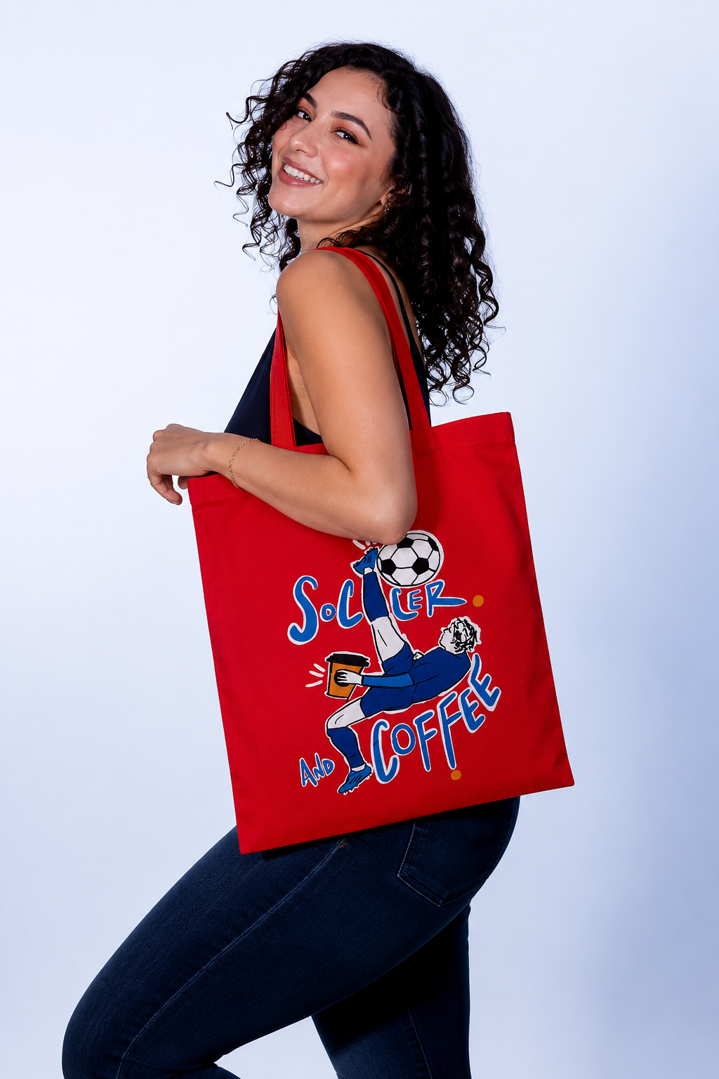787 Coffee Soccer & Coffee red canvas fútbol tote — full view of the hand-painted soccer and coffee design, limited-edition Brandon Ivan art