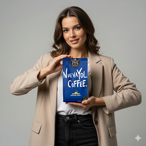 A woman holding a 787 coffee NUevaYOL coffee bag - she is loving her whole bean coffee - best coffee to buy online