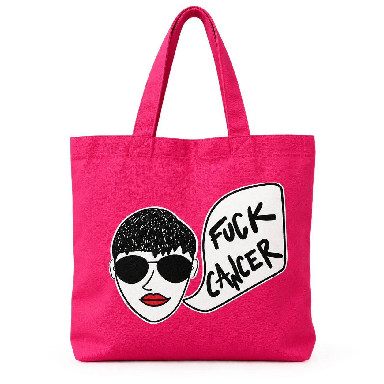 F*ck Cancer Tote Bag by 787 Coffee — hot pink canvas tote with bold hand-illustrated Fuck Cancer graphic, best breast cancer survivor gift and cancer awareness tote bag online