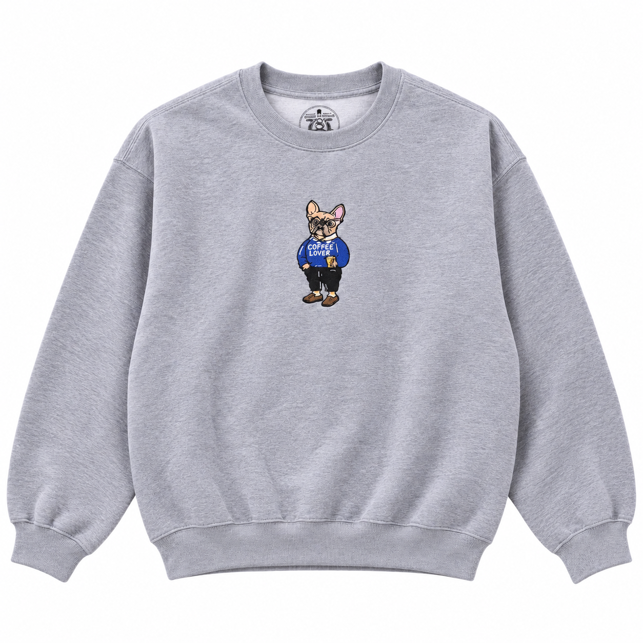 Frenchie Coffee Lover Embroidered Crewneck Sweatshirt – Heather Grey