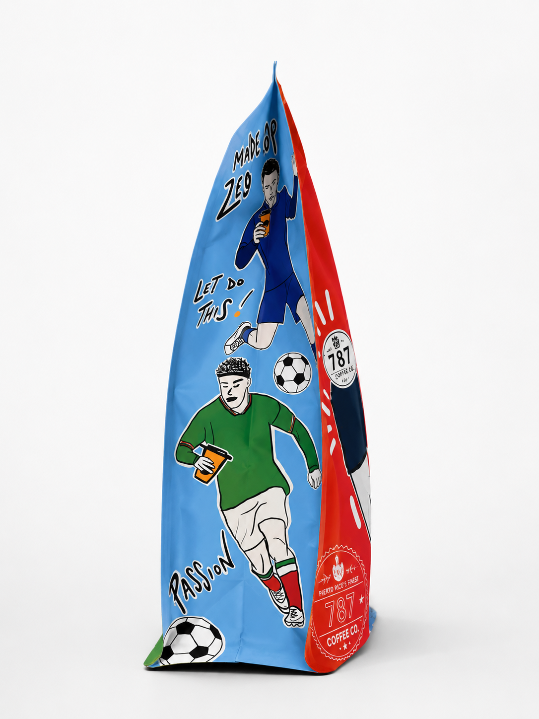 Soccer and Coffee bag side by 787 Coffee — Caffeinated Human fútbol player, Human Kind, For Humans By Humans, Puerto Rican specialty coffee