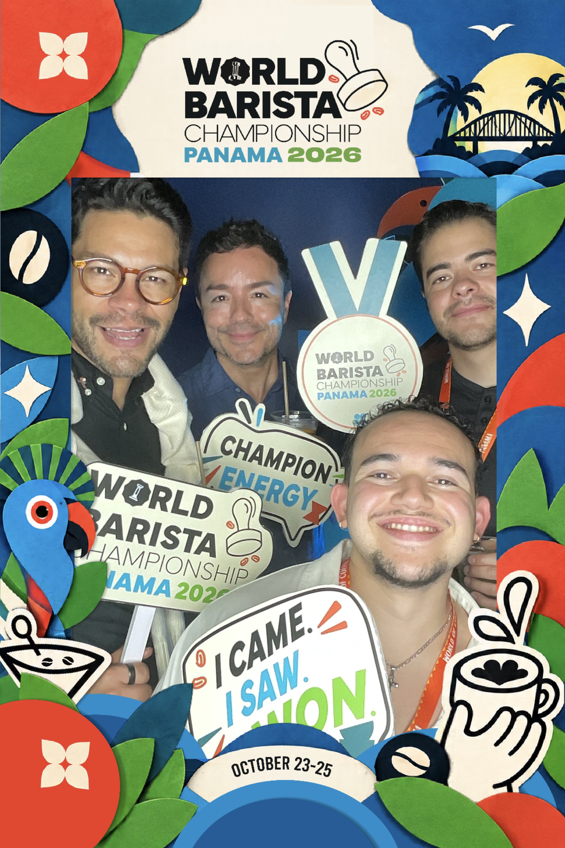 787 Coffee team at the World Barista Championship Panama 2026 official photo booth — October 23–25, 2026 at World of Coffee Panama, the first World of Coffee event in Latin America