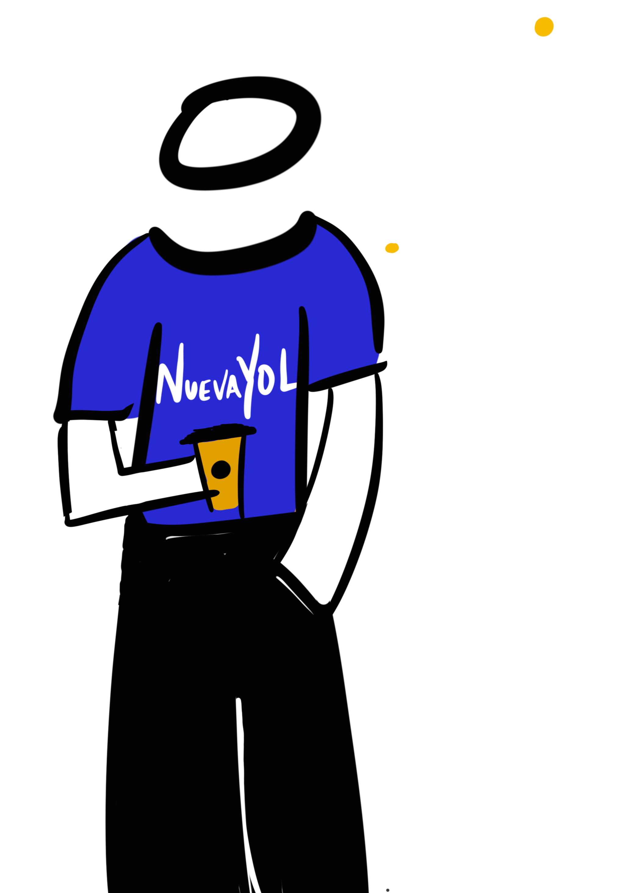 A stylized drawing of a person with a black face and white body, wearing a blue shirt with the words 'NUEVA YOL' and holding a yellow cup, standing in front of a mostly white background with some yellow and red details.
