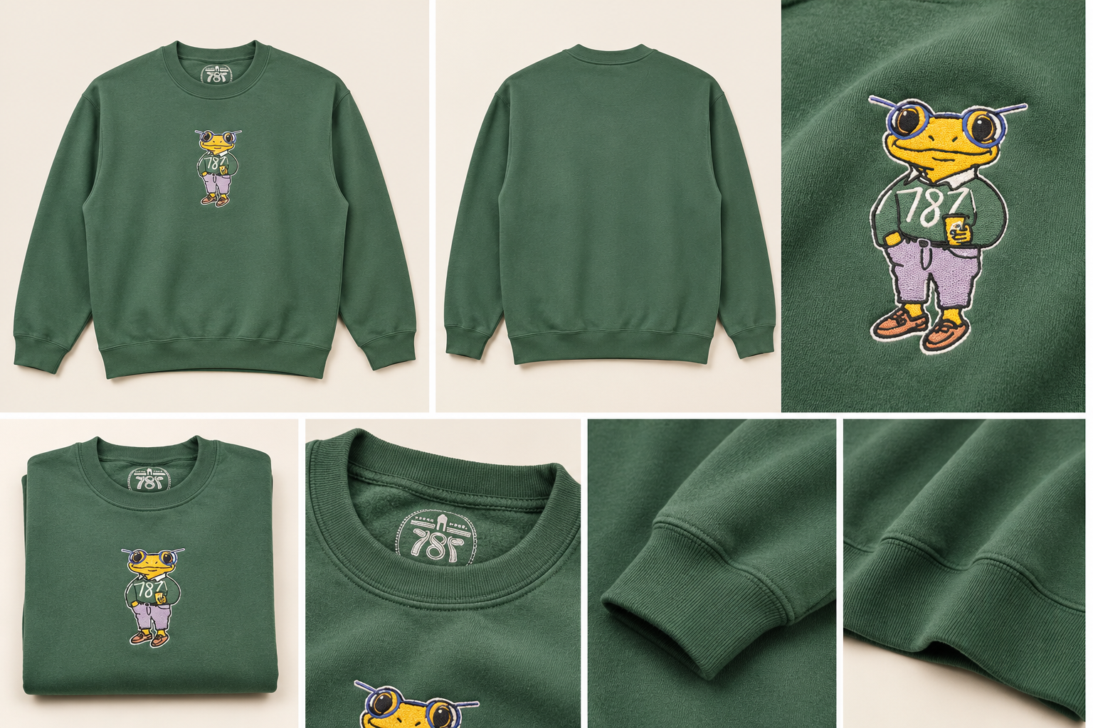 Mr. Coquí forest green crewneck sweatshirt by 787 Coffee: front, back, embroidery close-up, folded, neck label, cuff and hem details