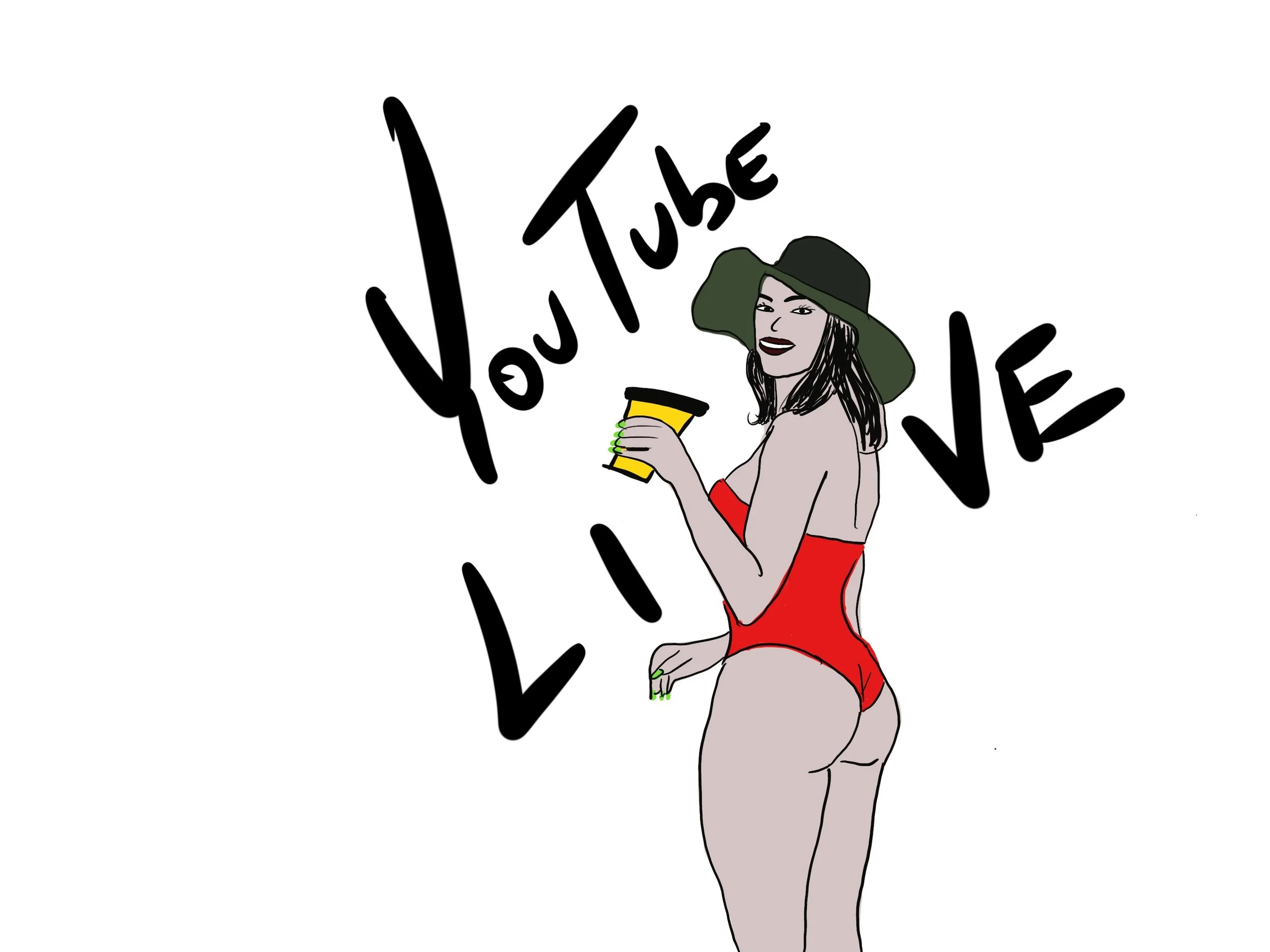 Line drawing of a woman in a red swimsuit and green hat holding a yellow cup, with the words "You Tube Love" written in large black text behind her.