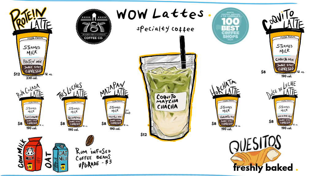787 Coffee WOW Lattes specialty coffee menu featuring Protein Latte, Coquito Latte, Piña Colada Latte, Tres Leches Latte, Mazapan Latte, Horchata Latte, Dulce de Leche Latte, and Coquito Matcha Cha Cha — NYC specialty coffee shop