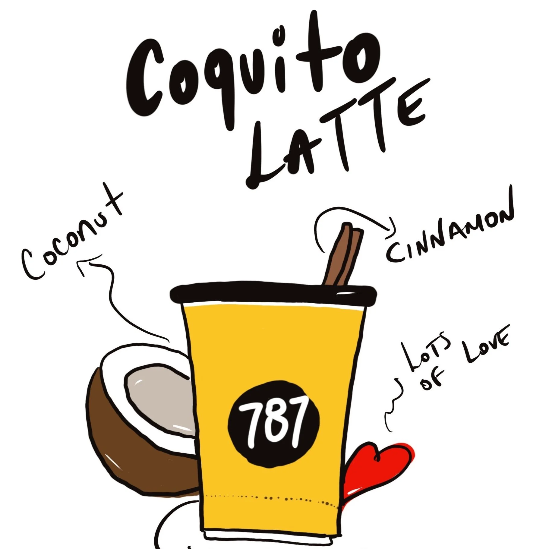 787 Coffee Coquito Latte cup with cinnamon and  hearts handcrafted Puerto Rican specialty espresso  drink best latte NYC WOW Latte invented by 787 Coffee