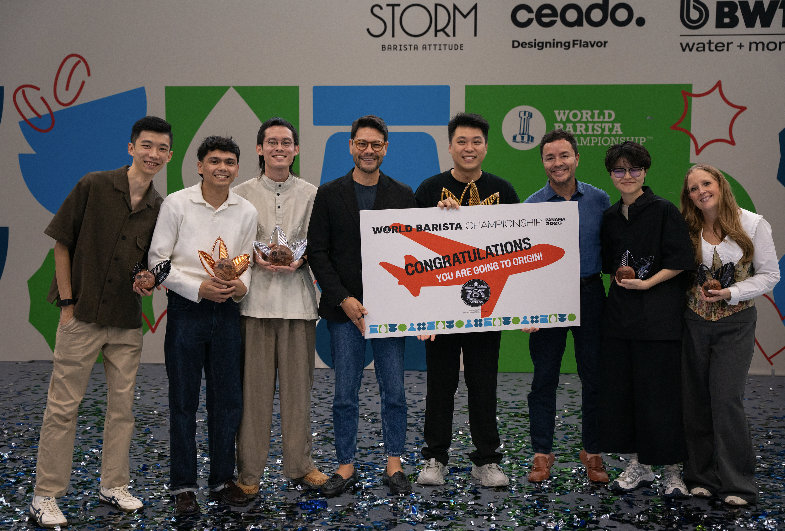 Brandon Ivan Peña, Co-founder and CEO of 787 Coffee, with team at the World Barista Championship Panama 2026 — official sponsor of the SCA World Coffee Championships at the Panama Convention Center