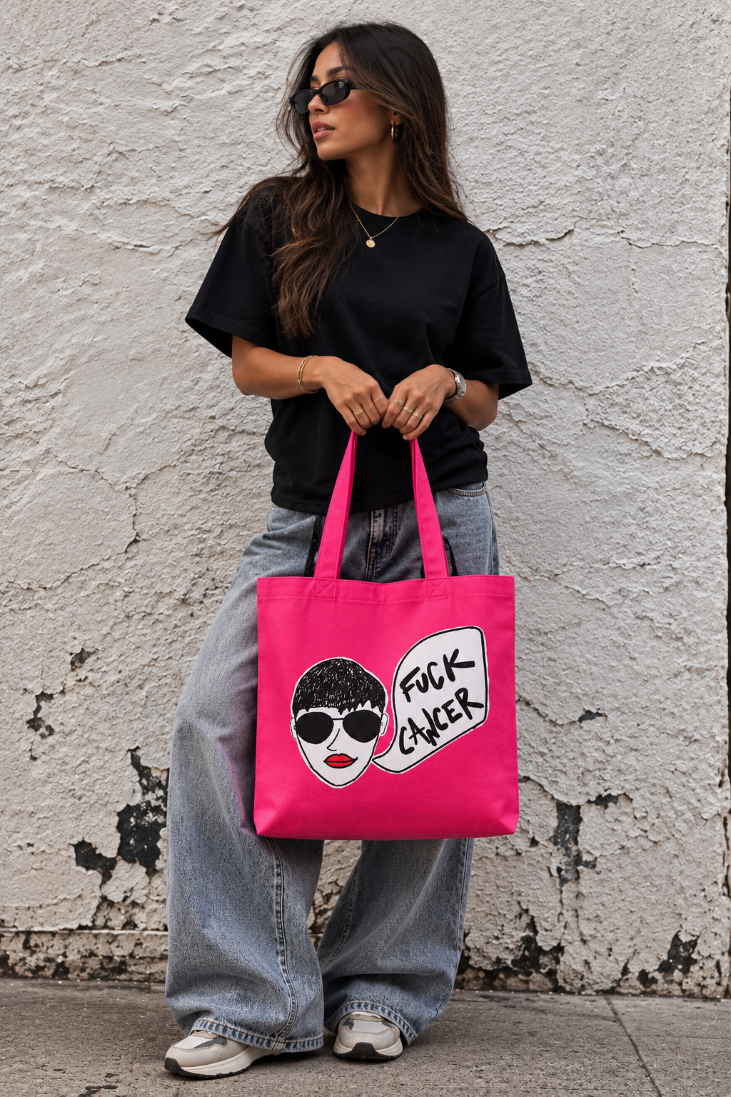 Man carrying 787 Coffee Fuck Cancer hot pink canvas tote bag — bold unisex cancer awareness tote, best breast cancer gift for October Breast Cancer Awareness Month