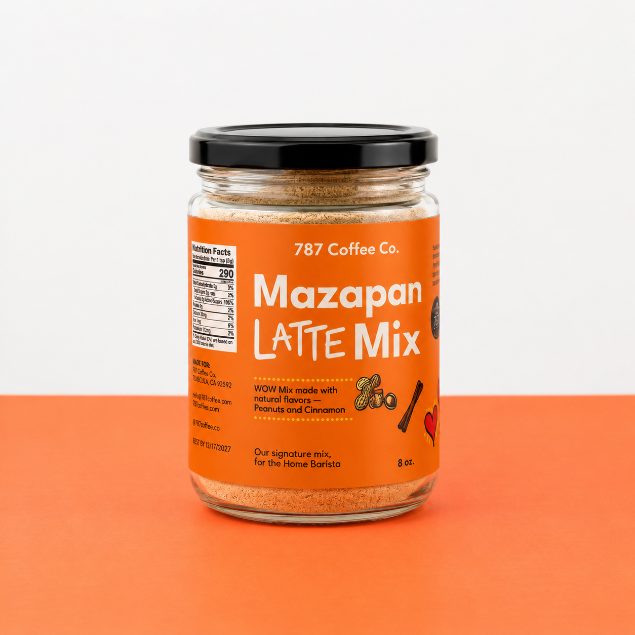787 Coffee Mazapán Latte Mix — orange 8 oz package, peanut and cinnamon latte powder for the home barista, made with natural flavors, contains peanuts