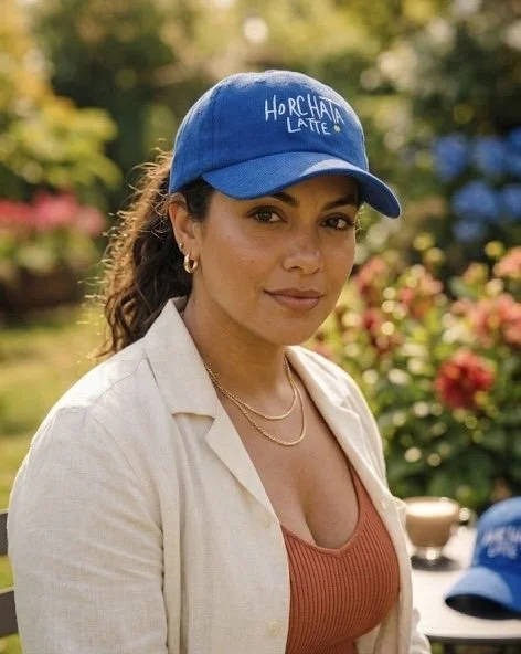 Girl wearing the horchata latte blue hat - representing latino culture - puerto rican coffee - best specialty coffee brand