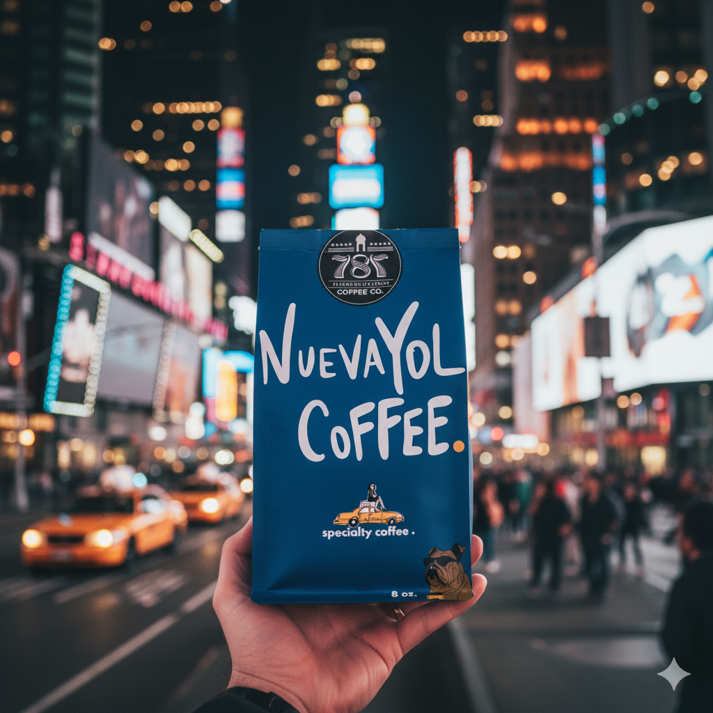 NuevaYOL coffee in NYC a hand holding the coffee bag in the streets of New York CIty