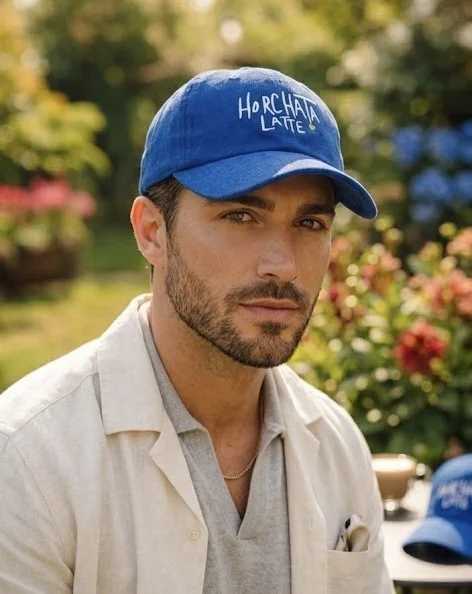 Gue wearing a horchata latte blue hat by best coffee shop near me 787 coffee - coffee hat