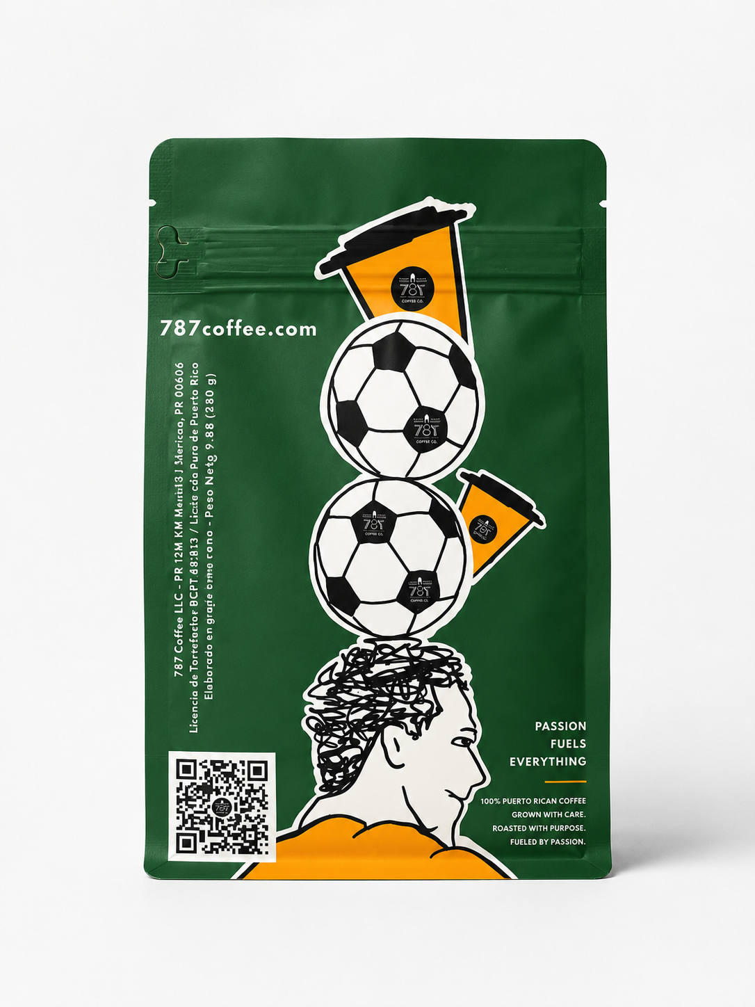 Soccer and Coffee bag back by 787 Coffee — 100% Puerto Rican coffee, grown with care, roasted with purpose, Passion Fuels Everything, whole bean farm-to-cup from Maricao