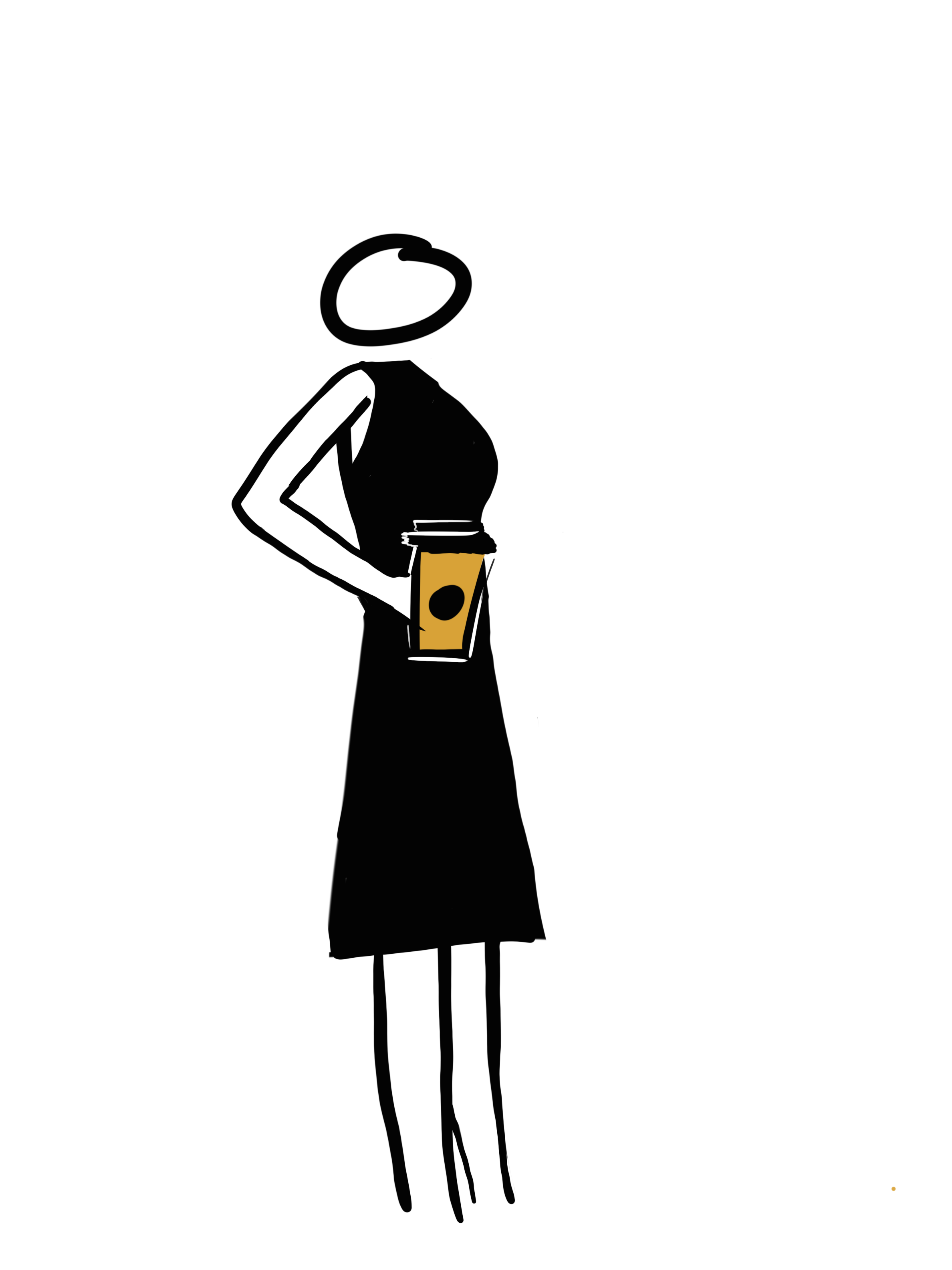 Stylized illustration of a woman in a black dress holding a to-go coffee cup with a yellow sleeve.