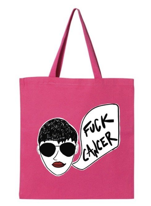 787 Coffee F*ck Cancer pink tote bag carried by woman on street — unisex breast cancer fighter gift and cancer survivor gift available online at 787coffee.com