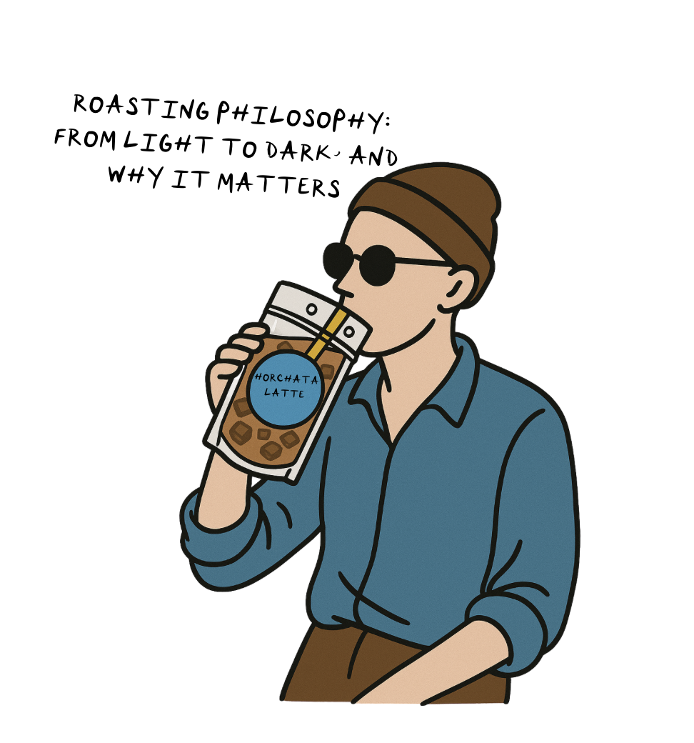 Minimalist illustration of a person in sunglasses and a beanie sipping a horchata latte from a 787 Coffee pouch, with headline text about roasting philosophy from light to dark.