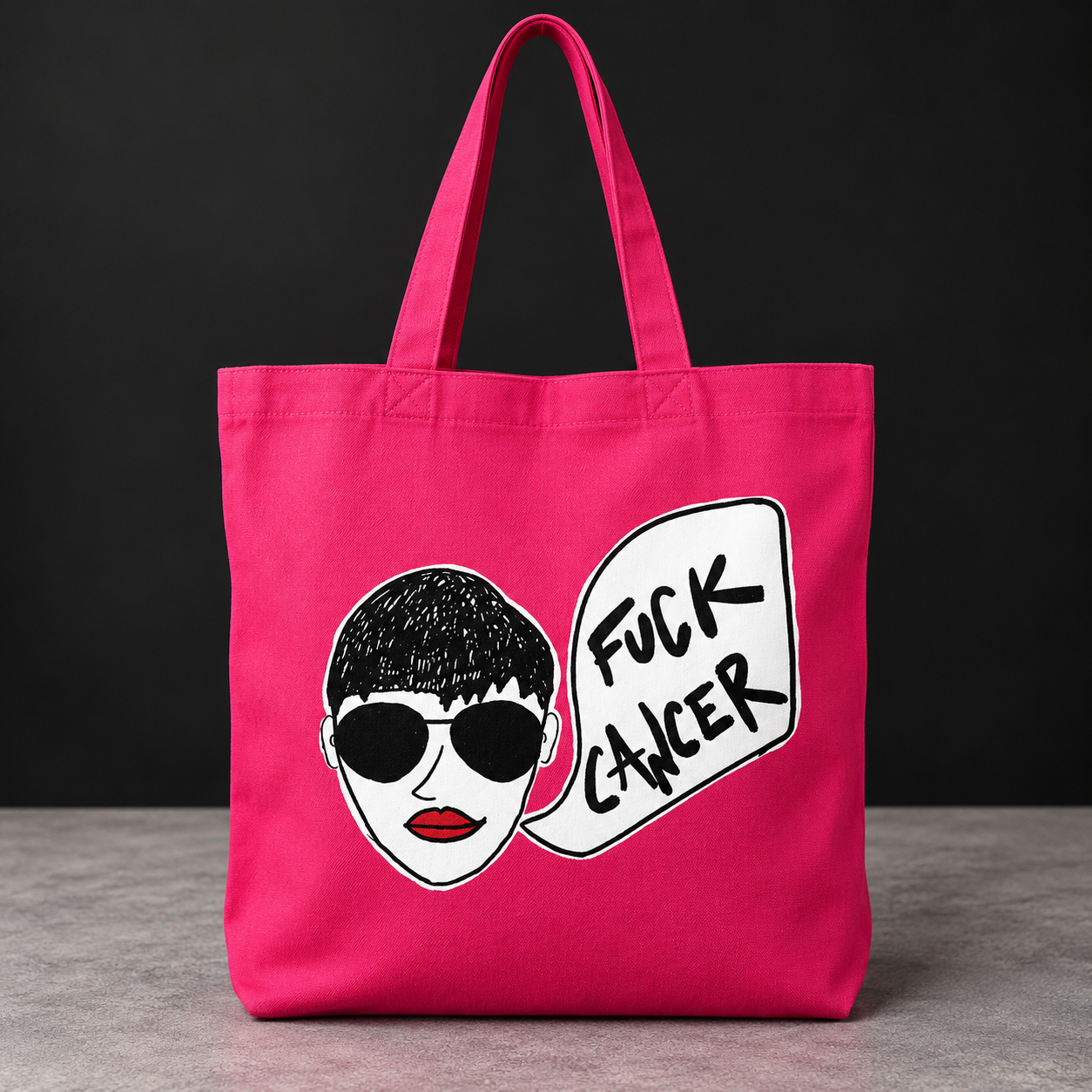 787 Coffee Fuck Cancer Tote Bag — bold hot pink canvas cancer awareness tote bag designed in New York City, perfect chemo gift and breast cancer awareness month gift