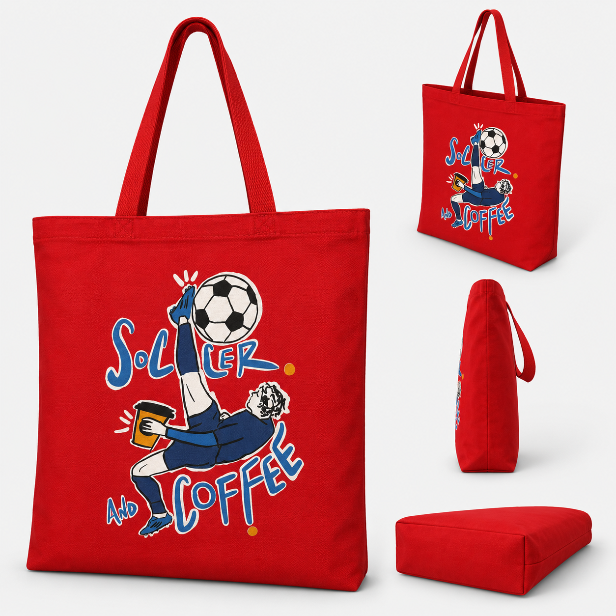 Soccer & Coffee tote bag by 787 Coffee — red cotton canvas tote, hand-painted blue and white bicycle-kick fútbol player holding a coffee cup, limited edition by Brandon Ivan