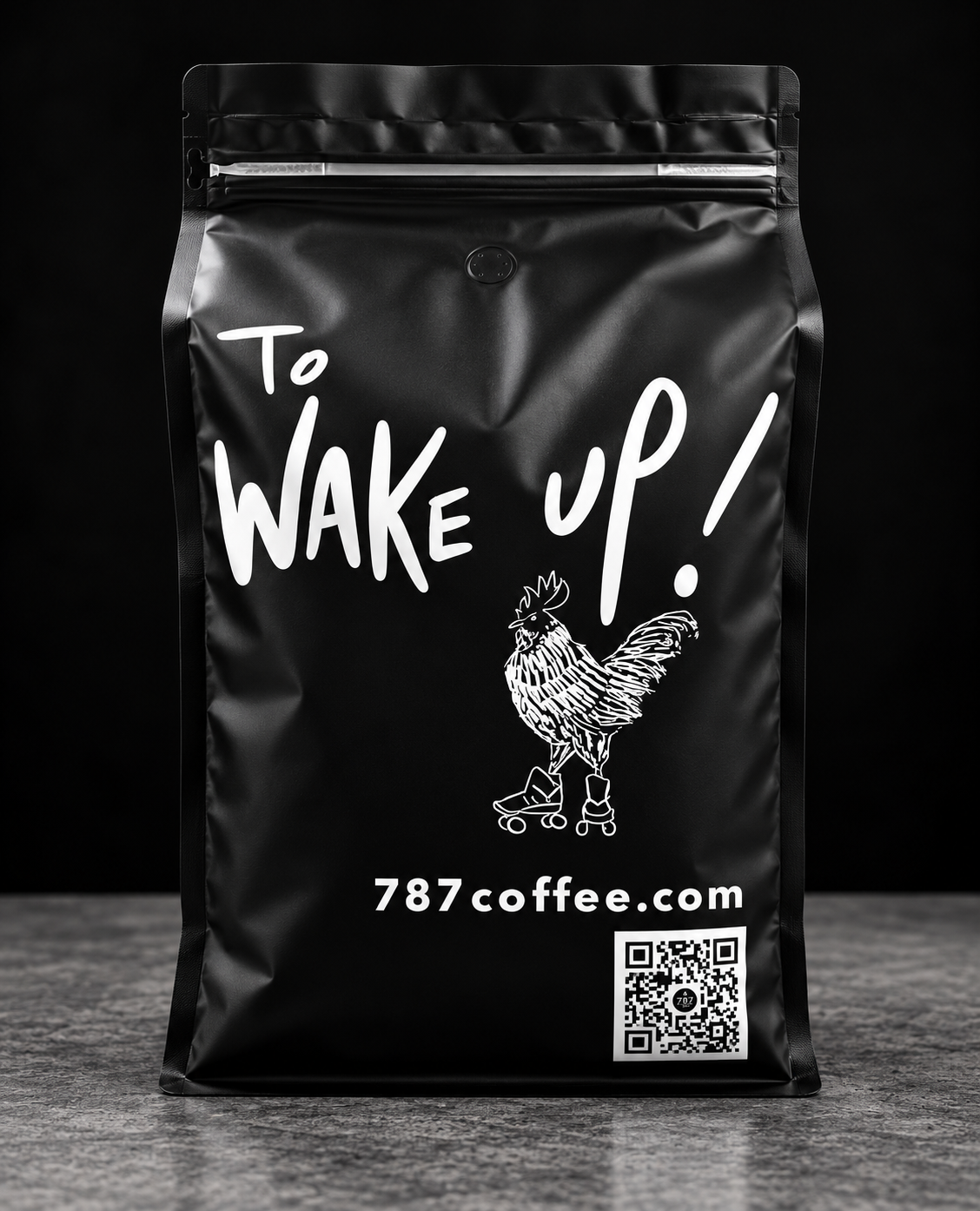 Back of 787 Coffee 5 lb coffee bag with "To Wake Up!" and rooster illustration, bulk specialty coffee to buy online at 787coffee.com