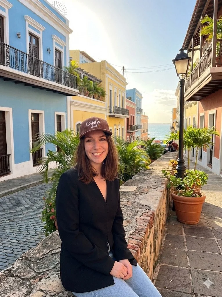 Brown corduroy coffee hat inspired by Puerto Rican coquito — 787 Coffee merch. Woman in old san juan with coquito latte hat