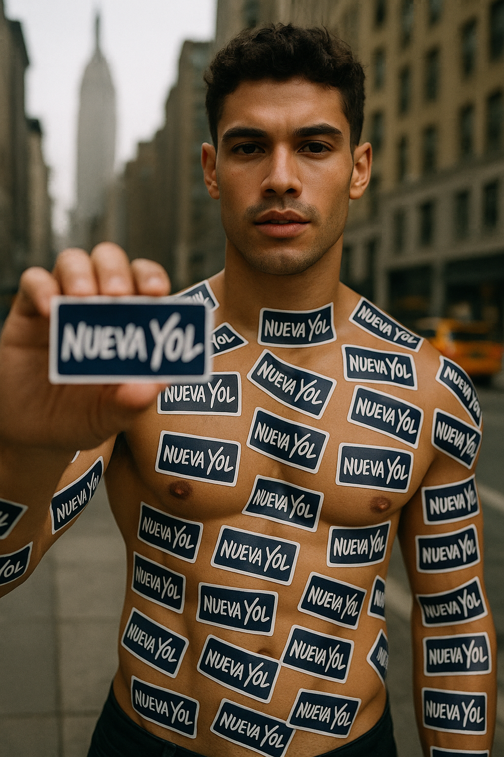 NUEVAYOL sticker on model's body in NYC showcasing bold urban design, perfect for adding a unique touch to your personal items.