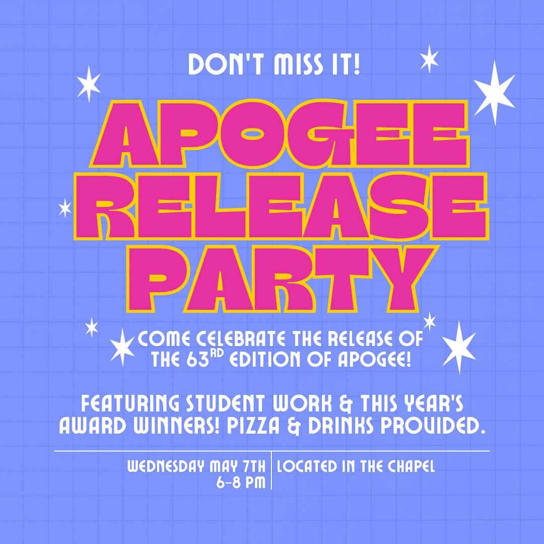 Happy Monday! Just a reminder this week we will be holding our release party on Wednesday in the chapel from 6-8pm. Students will present their submissions and we will announce this year&rsquo;s award winners. Free pizza and drinks provided;) We hope