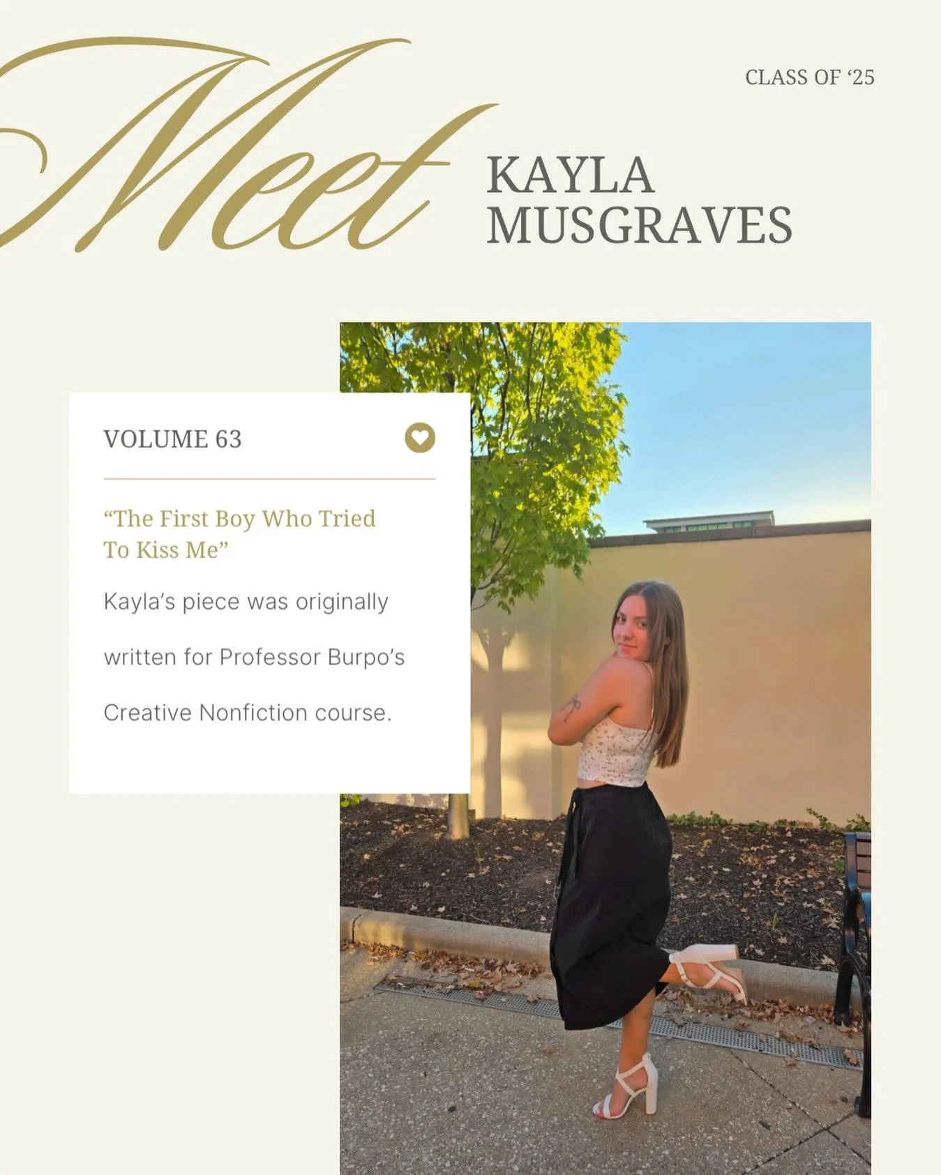 Consider this a love letter to submissions past.

After two years of returning to Apogee with her work, Kayla submitted &ldquo;The First Boy Who Tried to Kiss Me&rdquo;, drawn by her belief in the importance of giving college writers the chance to &l