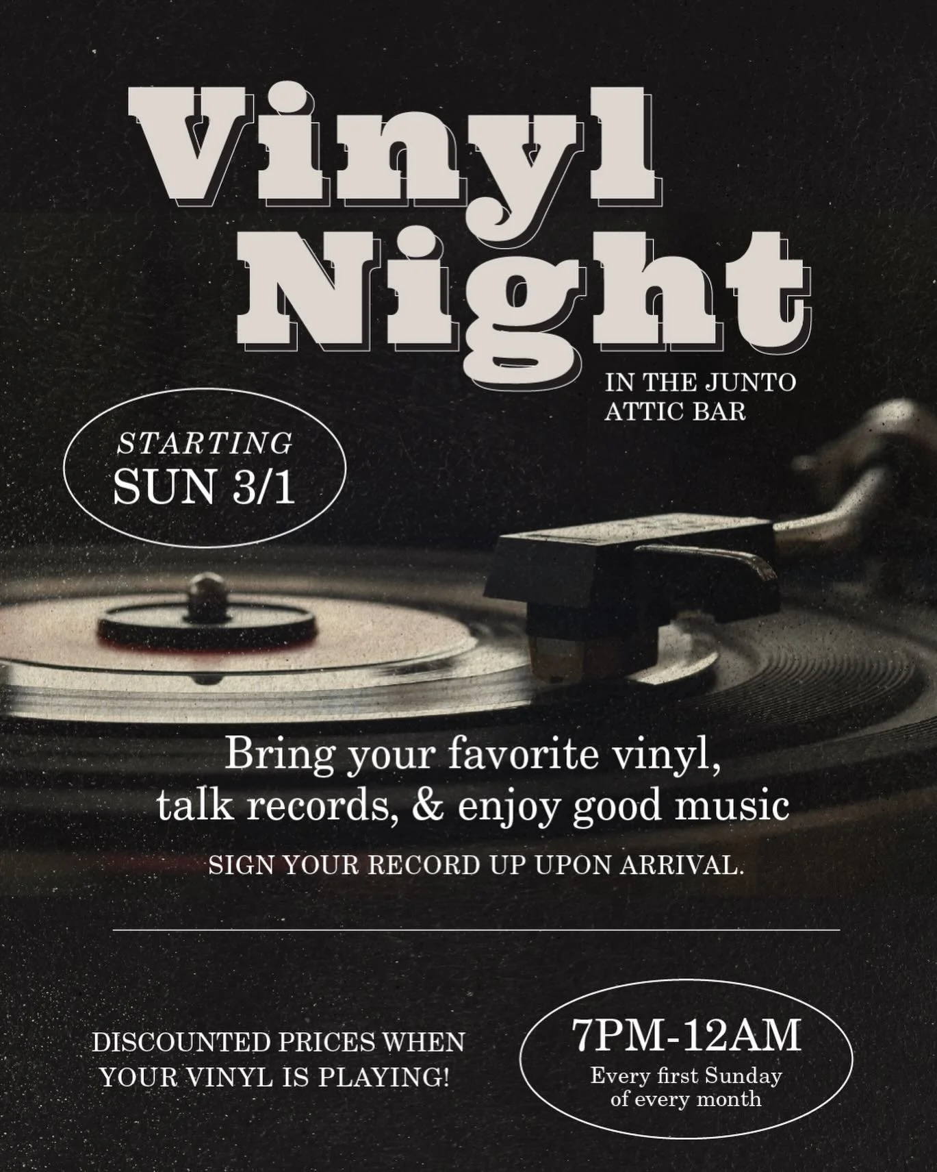 TONIGHT! BYOV Night in The Junto Attic Bar.
Your vinyl. Our turntables. Discounted drinks when your record plays. 
Every first Sunday of the month | 7PM-12PM