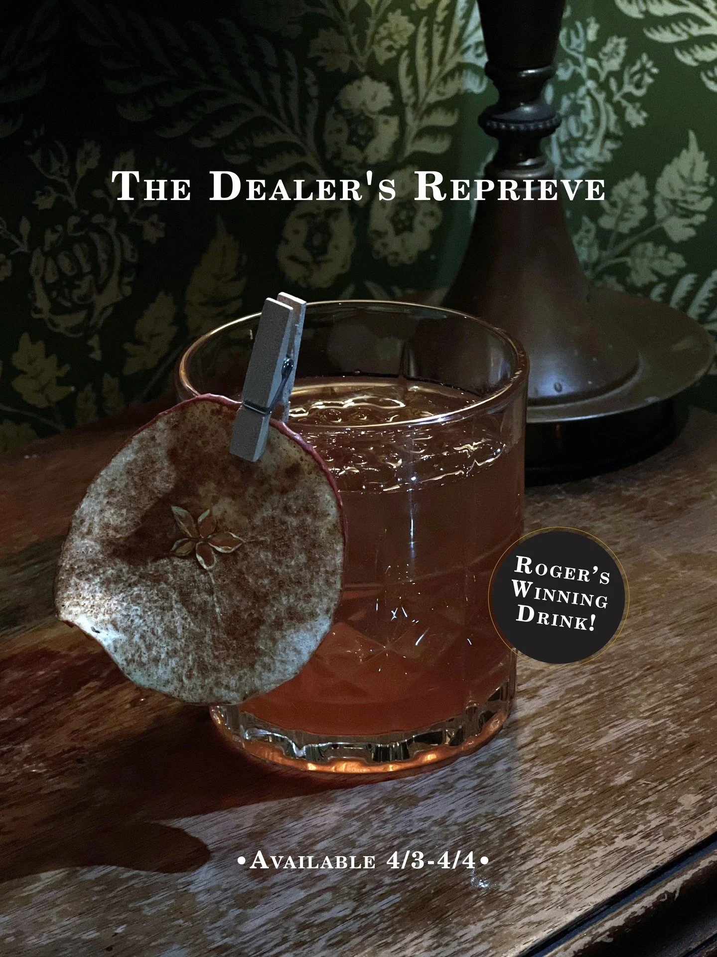 We&rsquo;ll be featuring The Dealer&rsquo;s Reprieve &mdash; our very own Roger Aquino&rsquo;s award-winning cocktail April 3&ndash;4. 🏆🍸

Come by and taste the drink that took home the prize.

Limited time. Don&rsquo;t miss it.