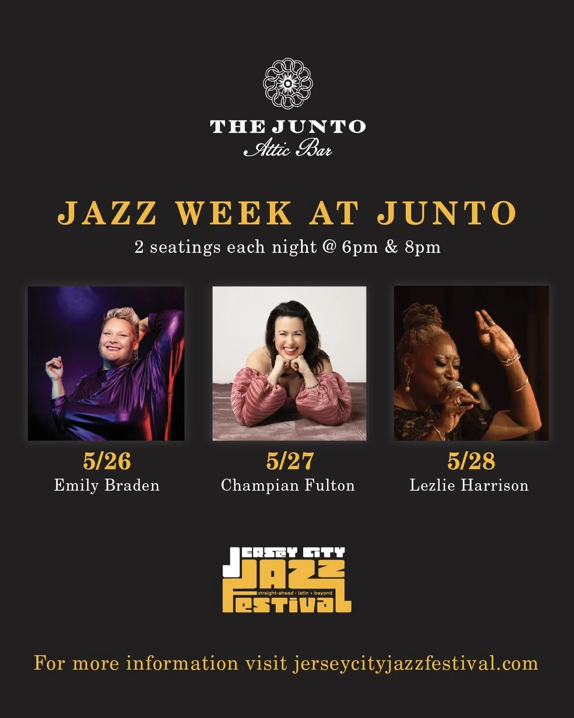 Join us next week for 3 nights of Jersey City Jazz Week performances featuring Emily Braden on 5/26, Champian Fulton on 5/27 and Lezlie Harrison on 5/28.

There will be 2 seatings each night @ 6pm &amp; 8pm.

Ticket information can be found at jersey