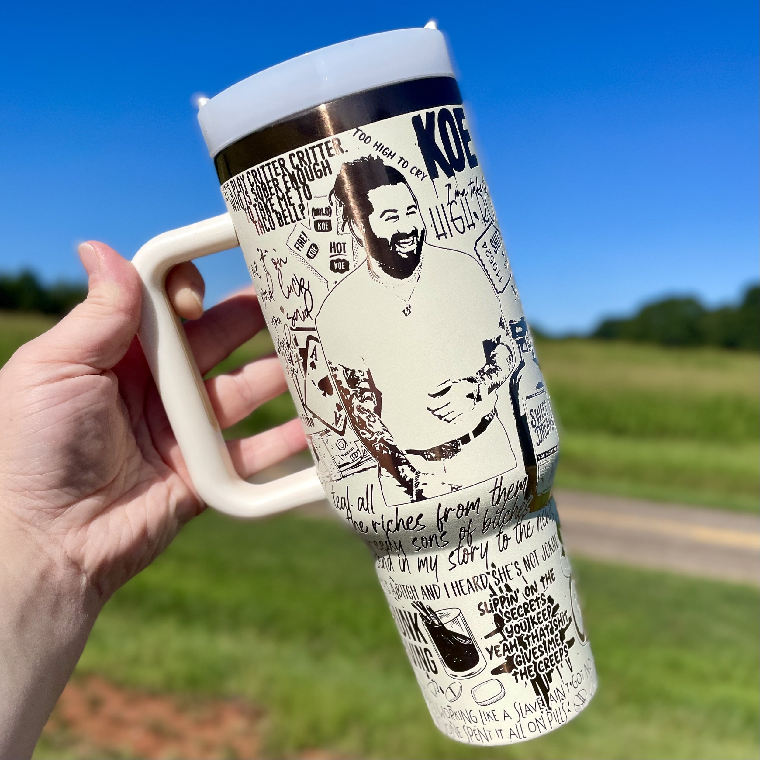 40oz engraved Koe Wetzel tumbler featuring precision-etched design on stainless steel cup