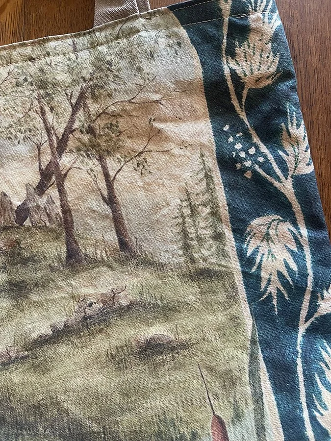 detail of Outlander-inspired original painting bag by Talufane