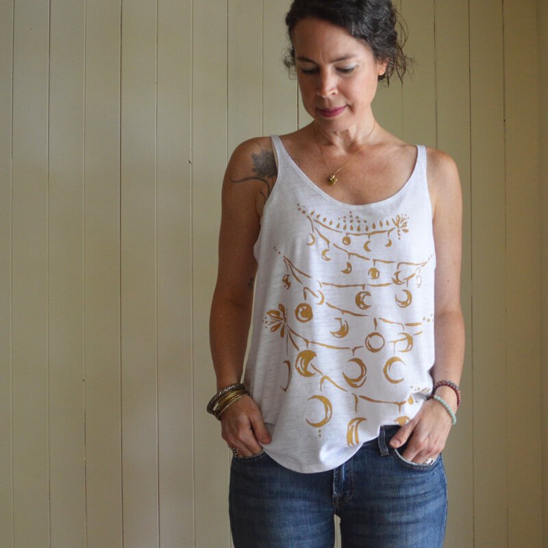 designer Phoebe Stout of Talufane wearing Moontides tank 