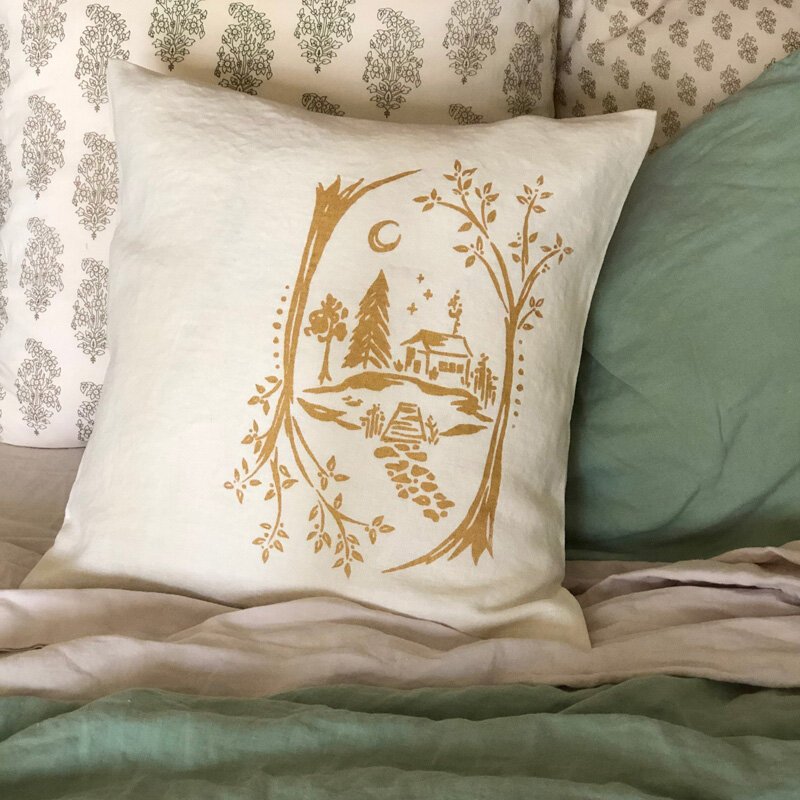 hand printed Water's Edge pillow cover by Untold Imprint