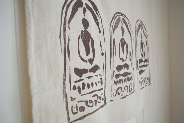 three buddhas printed textile by Untold Imprint