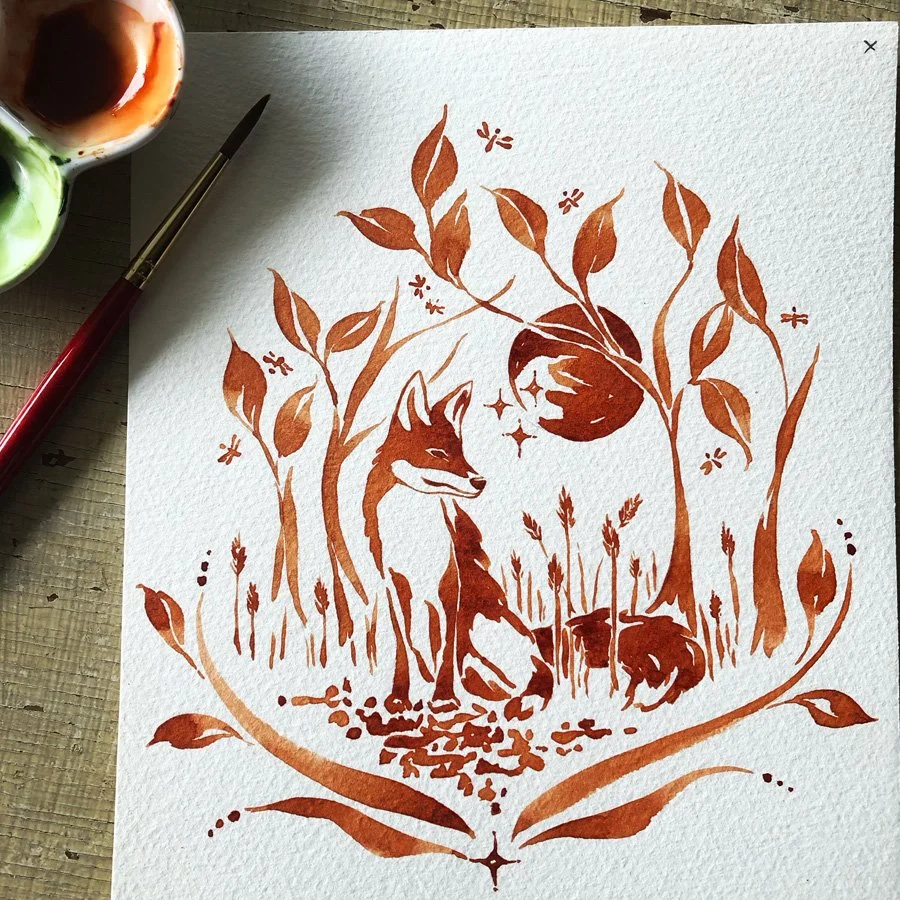The Fox & the Fireflies watercolor painting by Phoebe Stout for Talufane