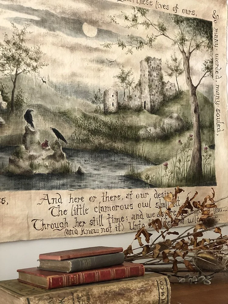 ravens, stag, owl and castle ruins textile panel by Talufane