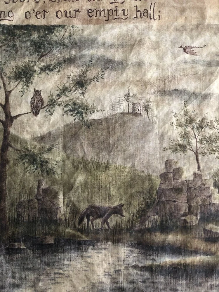 detail of castle ruins linen canvas wall tapestry by Talufane
