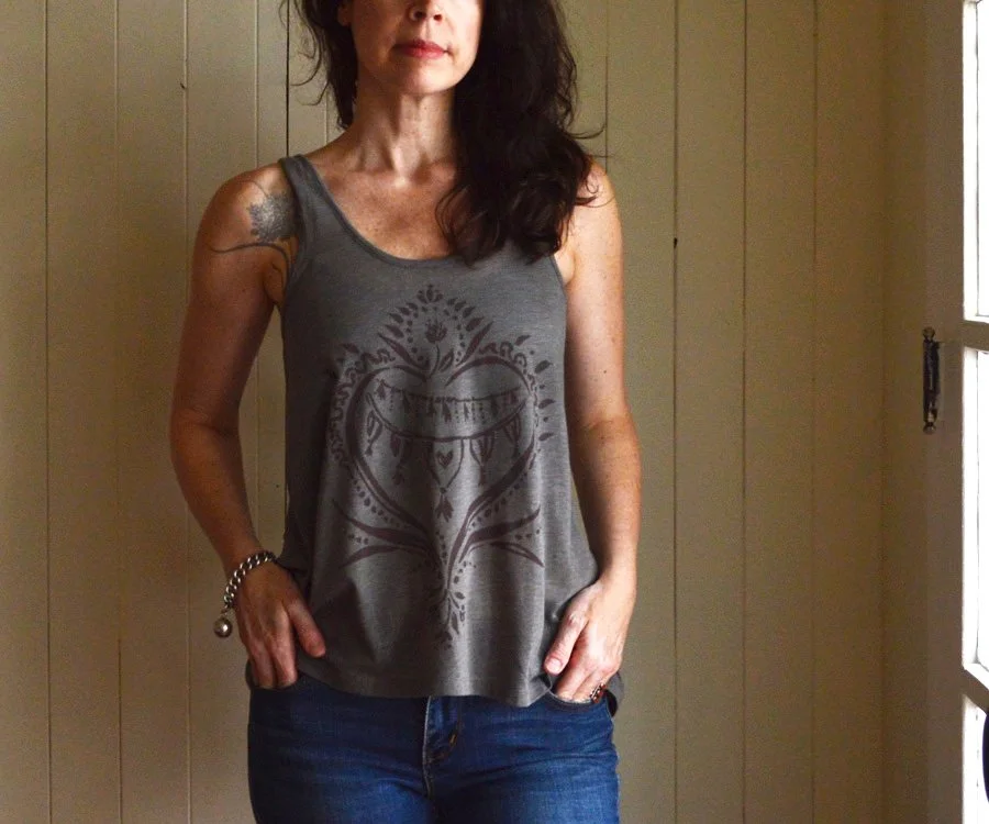 Phoebe Stout wearing full heart tank by Untold Imprint