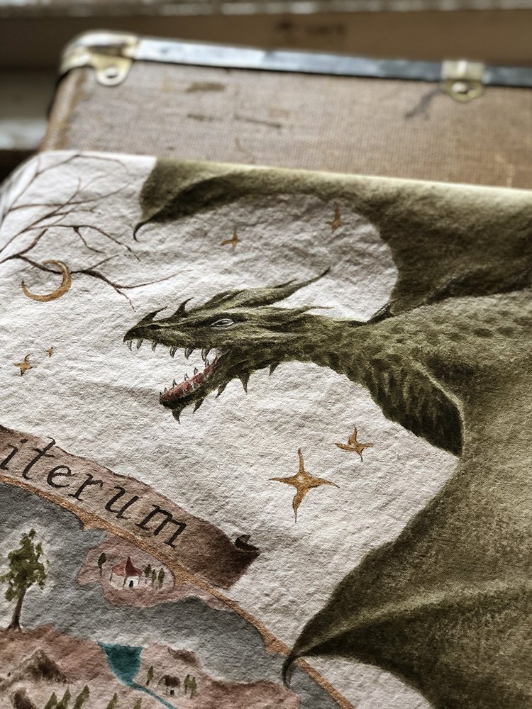 dragon on medieval-inspired map by Phoebe Stout for Talufane
