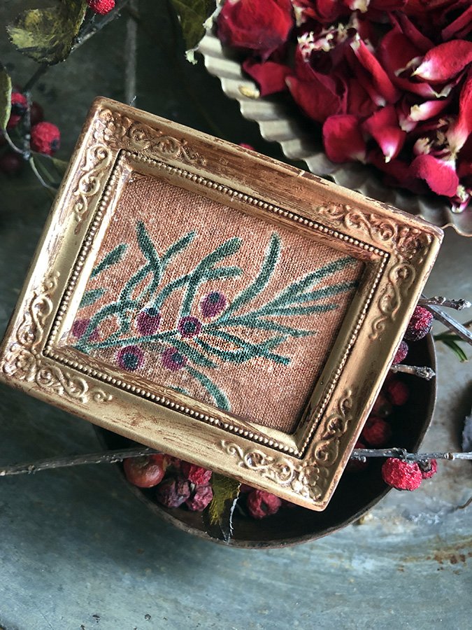 yew branch miniature painting by Phoebe Stout