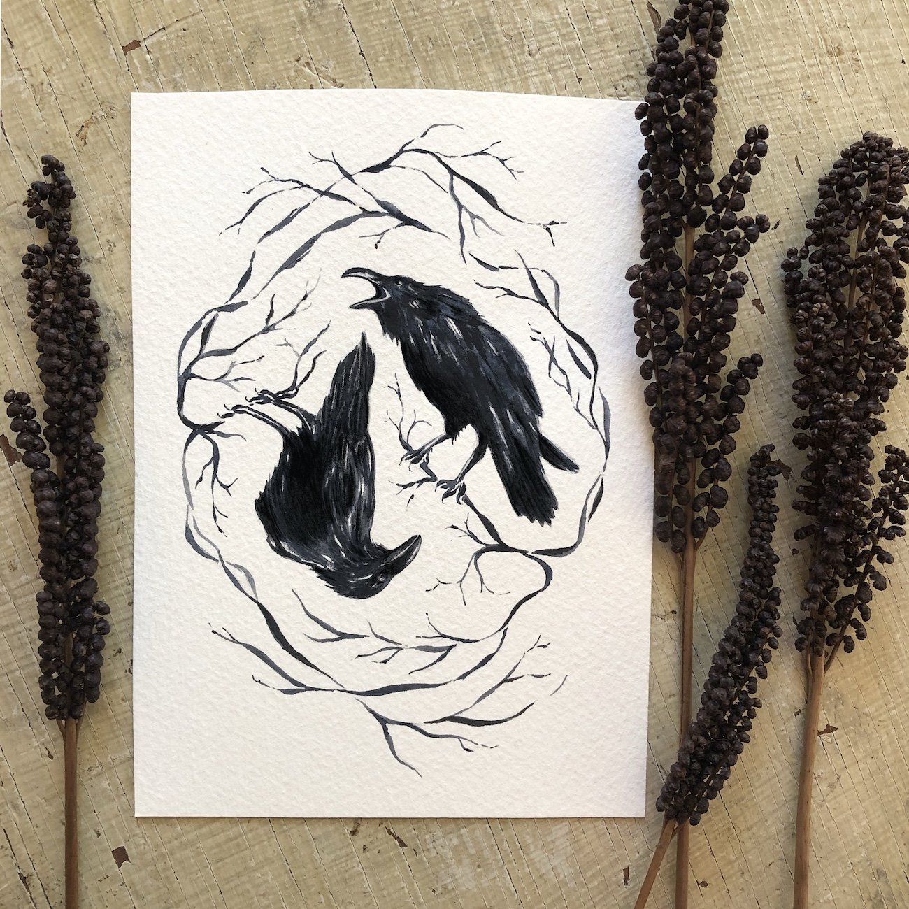 Two Ravens painting by Phoebe Stout for Talufane