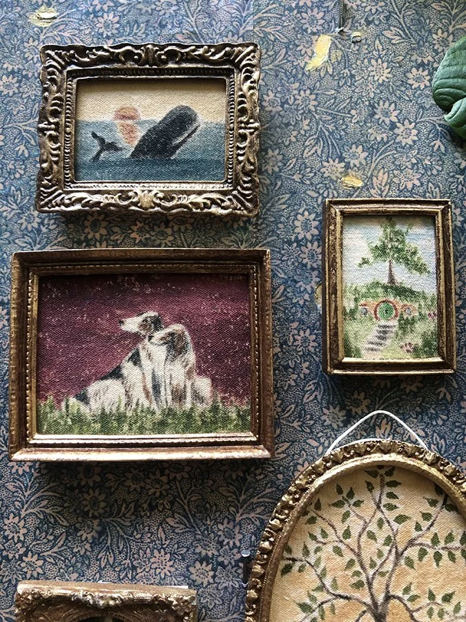 whale, dogs, and Queen miniature original paintings by Phoebe Stout for Talufane