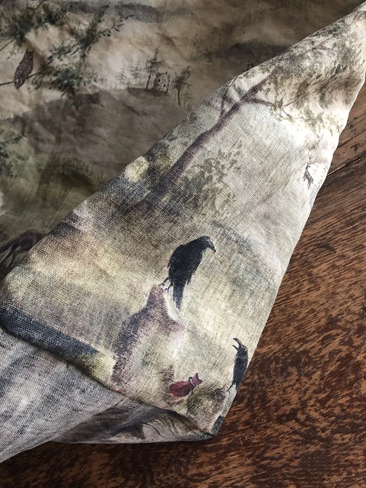 detail of ravens on The Relic Seers linen bag by Talufane