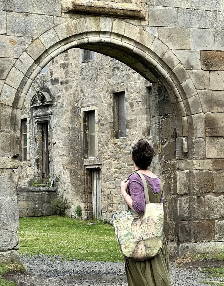 Outlander-inspired bag by Talufane, photographed at "Lallybroch" (Midhope Castle) in Scotlandbag