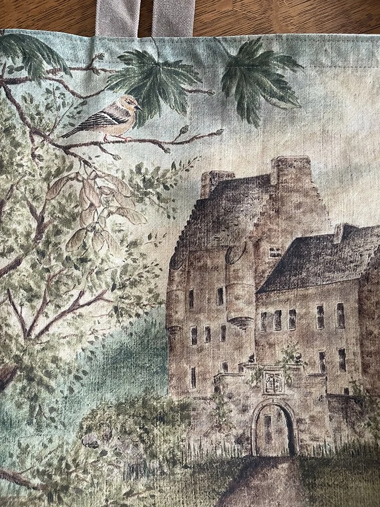 detail of Outlander-inspired linen tapestry bag by Talufane
