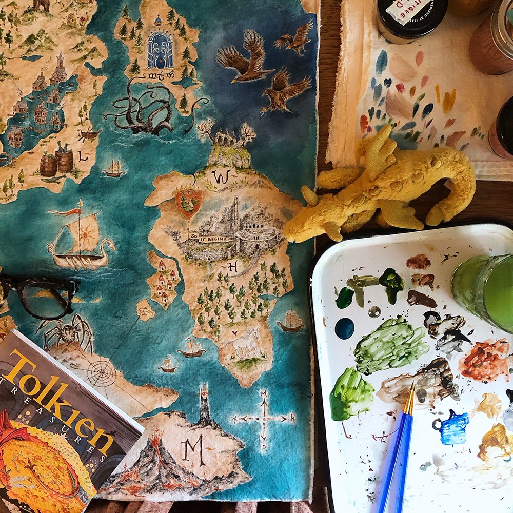 Tolkien-inspired wall hanging map showing Helm's Deep by Phoebe Stout