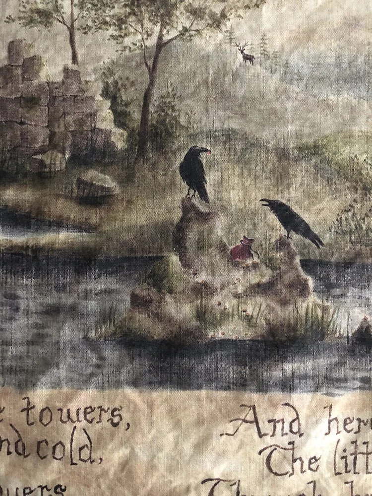 two ravens sitting atop a stone in a hidden loch, painting by Phoebe Stout for Talufane
